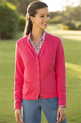 blush pink v-neck cardigan and plaid shirt