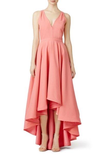 blush pink v-neck high low maxi cocktail dress