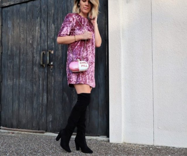 Blush pink velvet shirt dress with over the knee boots