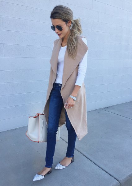 Blush pink wool sleeveless long gray white top jeans