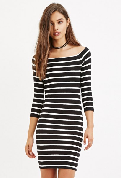 black and white striped bodycon dress with a boat neckline
