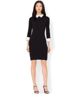Bodycon knee-length black dress with a white collar and open toe heels