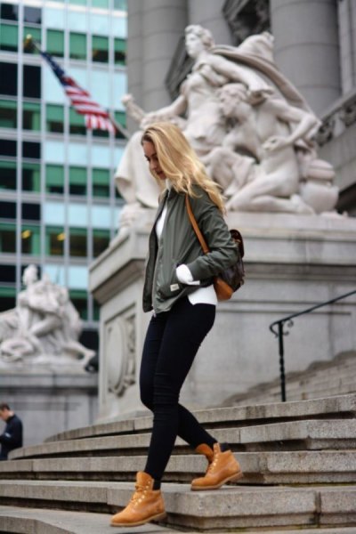 Bomber Jacket Black Jeans Timberland Boots Outfit