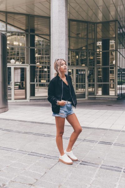 Bomber jacket jeans shorts outfit