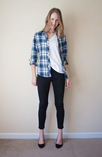 Boyfriend's plaid shirt with white scoop neck t-shirt and ballet flats