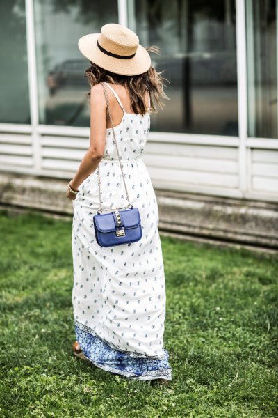 airy maxi dress with white and blue print