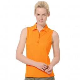bright orange sleeveless polo shirt with gray striped trousers
