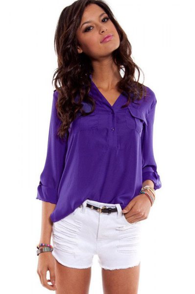 bright purple shirt with buttons and white mini-shorts