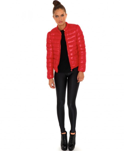 bright red waisted bubble jacket with black super skinny jeans