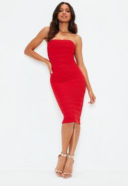 bright red tube bandage midi dress with white heels
