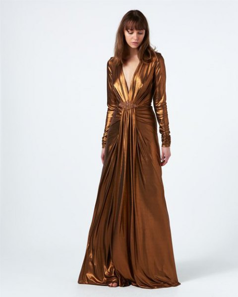 Bronze floor-length, long-sleeved, flowing wrap dress