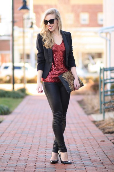 Sequined bronze tank top with black blazer and leather gaiters