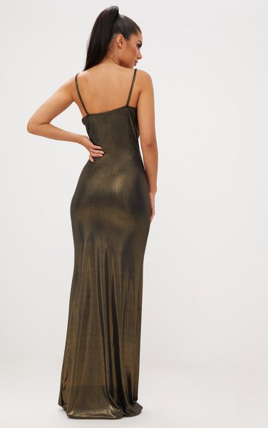 Floor-length tube dress made of bronze with a spaghetti strap