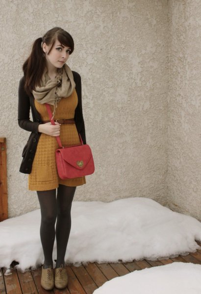 Knit mini dress with a brown belt and a flared mini dress with a black knitted sweater