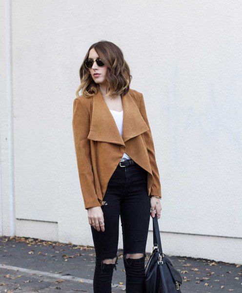 brown blazer coat with black, ripped slim fit jeans