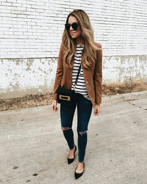 brown blazer with black and white striped t-shirt and pointed flats