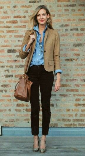 brown blazer with blue chambray shirt with buttons and black, cropped jeans