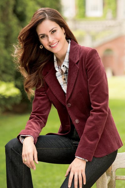 brown blazer with pink and white checked shirt with buttons