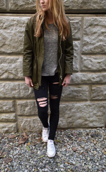 brown bomber jacket with gray heather sweater