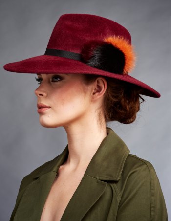 brown bush hat with matching blazer and mini skirt