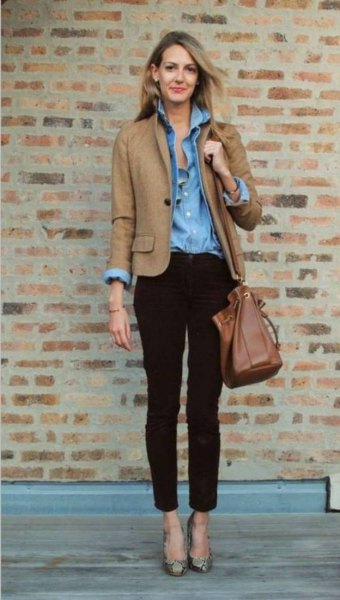brown cotton jacket with chambray blue shirt and ankle chinos