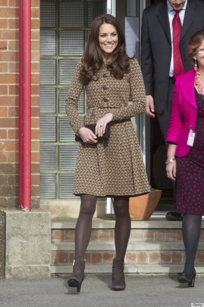long-sleeved coat dress with a brown fit and flare with tights and heels