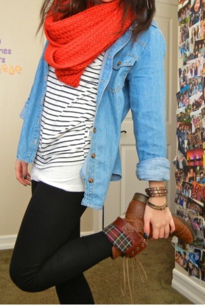 brown crease over boots chambray shirt striped t-shirt