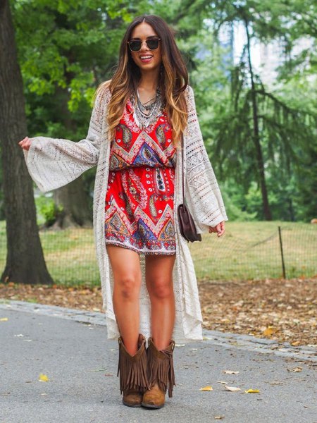 brown boots with fringed boho dress long cardigan