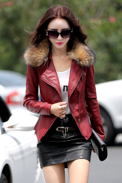 brown fur collar leather jacket black skirt