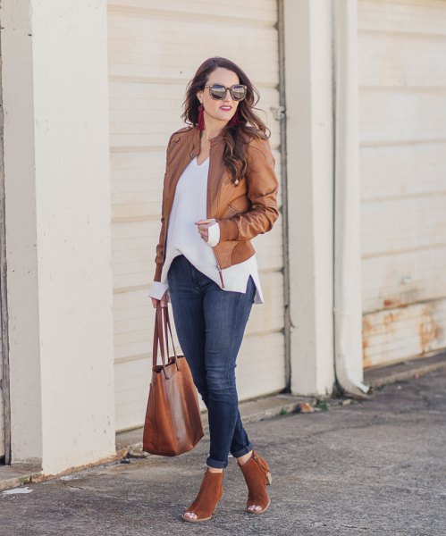 brown leather jacket with white chiffon blouse and open toe boots