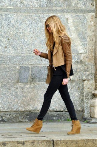 brown leather moto jacket with matching ankle boots
