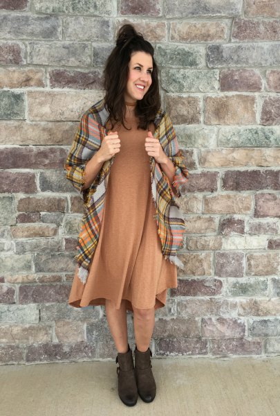 brown midi swing dress with checked blanket scarf