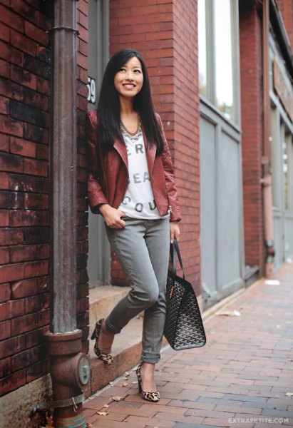 brown petite leather jacket with white blouse with V-neck