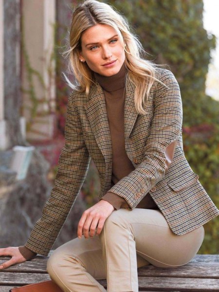 brown checked tweed blazer with turtleneck sweater