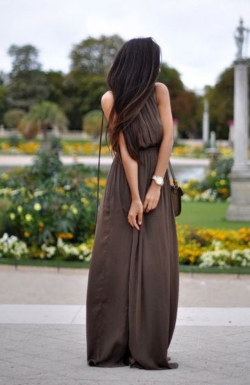 brown, pleated maxi air dress with a gathered waist