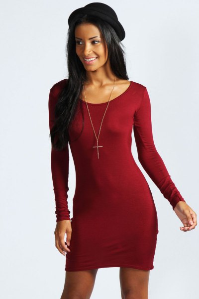 brown, long-sleeved, figure-hugging mini dress with a scoop neckline