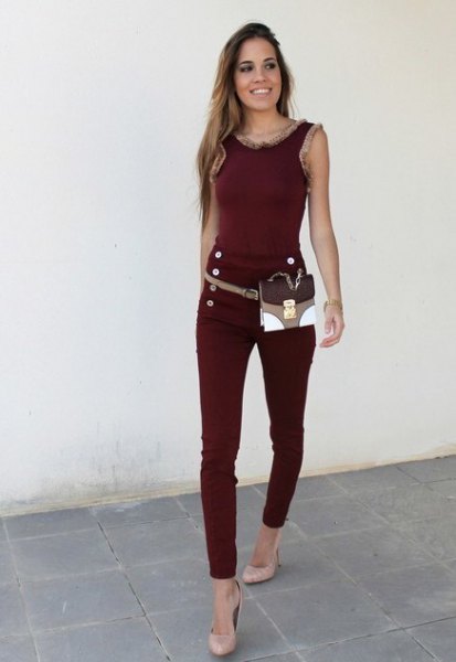 brown skinny jeans with matching tank top