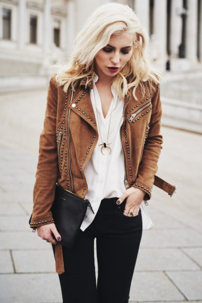 brown suede jacket with rivets, white blouse, black jeans