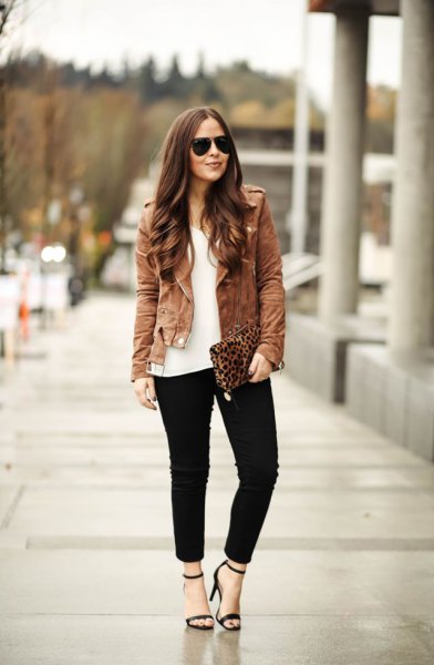 brown suede jacket outfit