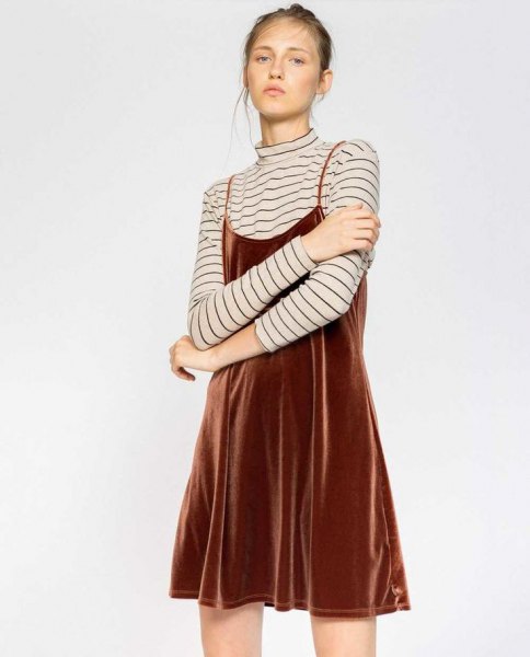 brown velvet slip dress striped long sleeve t-shirt