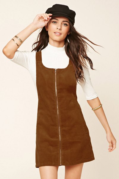 brown cord dress with zipper in the front