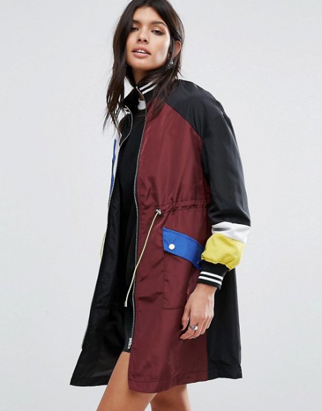 Burgundy-red and black longline sports coat with mini shift dress