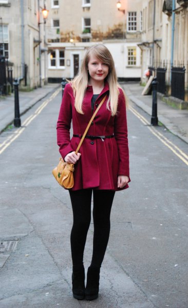 Burgundy long coat with belt, leggings and ankle boots