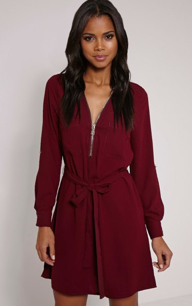 Burgundy long-sleeved shift dress with belt