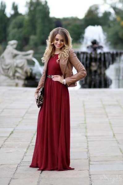 burgundy maxi dress camel blazer with belt
