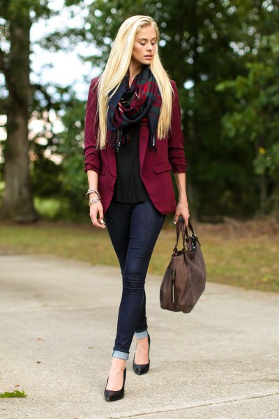 Burgundy blazer with black chiffon blouse and dark jeans