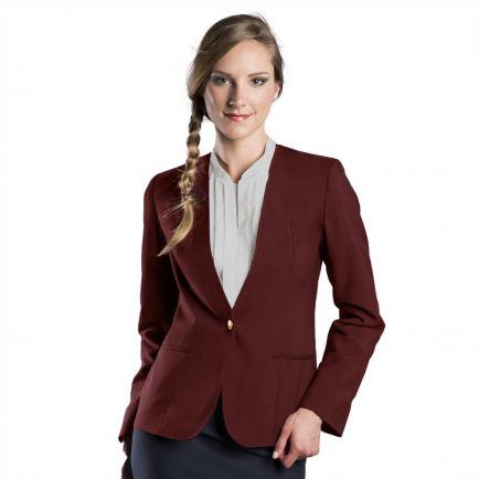 Burgundy blazer with a blushing pink collarless blouse and black pencil skirt
