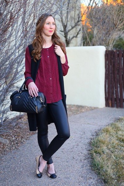 Burgundy buttonable elegant tunic blouse with black leather pants