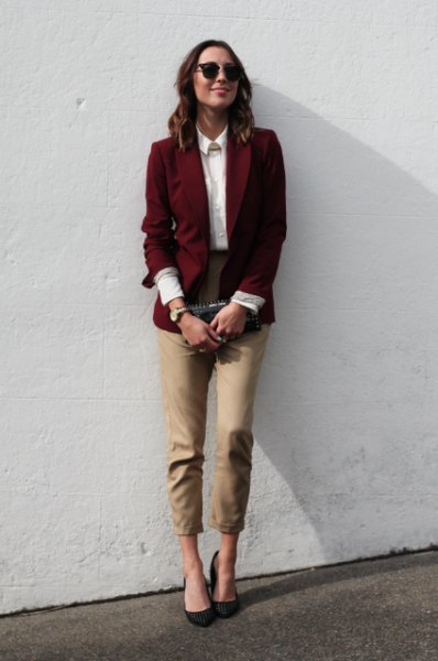 Burgundy causal blazer with a white collar shirt and green, cropped trousers
