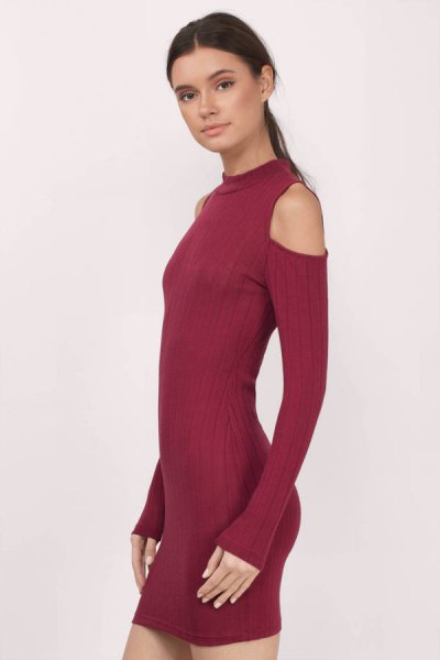 burgundy cold shoulder mock neck mini dress